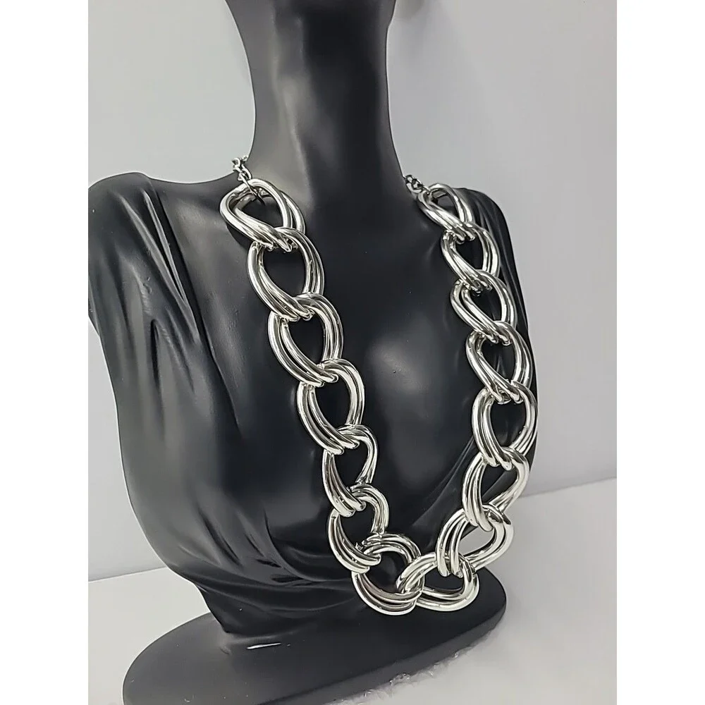Chunky Silver Tone Link Necklace Oversized Chain Statement Collar - Picture 4 of 10